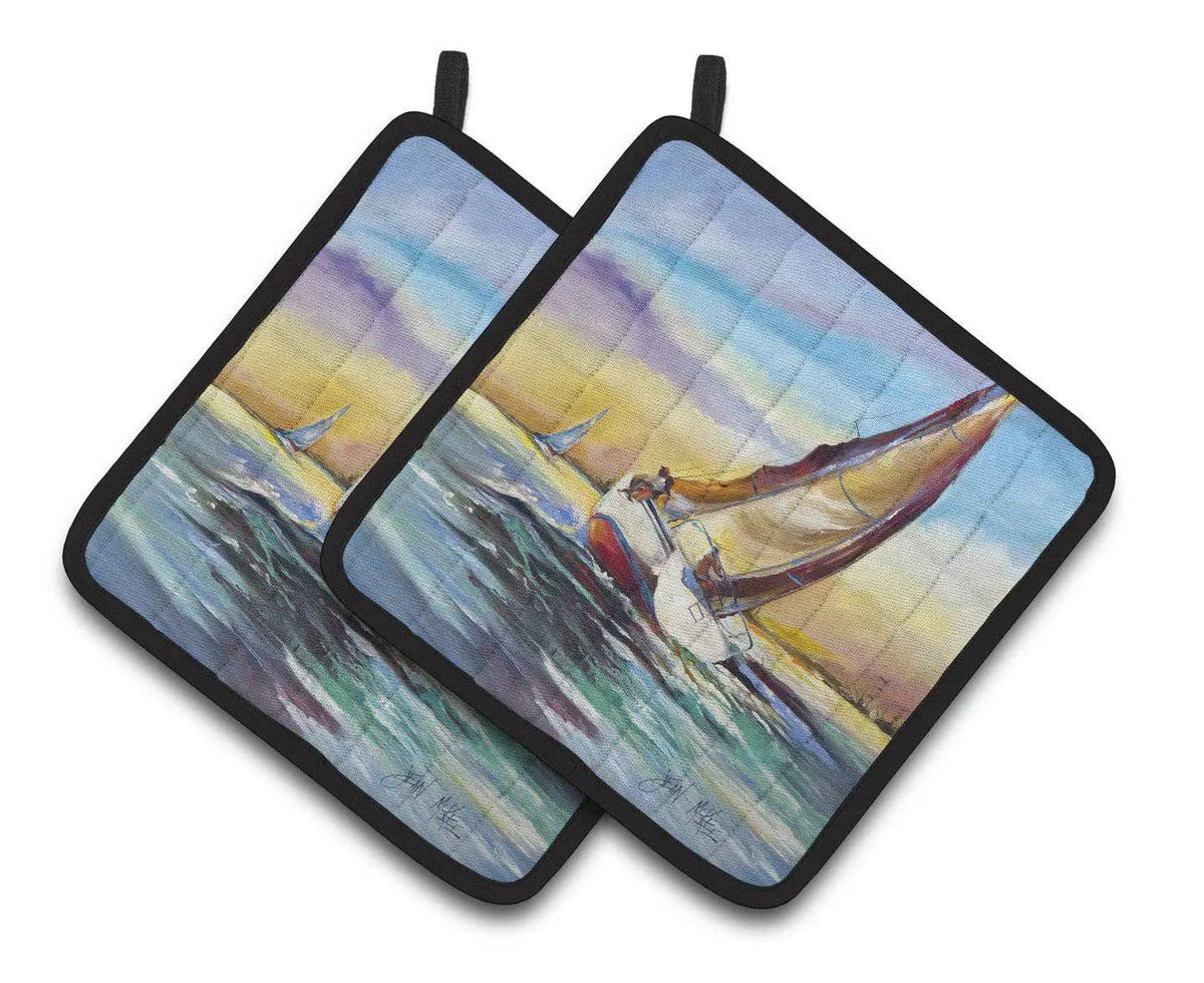 Pot Holder Set of 2 | Heat Resistant Quilted Hot Pads | 7.5 x 7.5 Inch | Horn Island Boat Race Sailboats