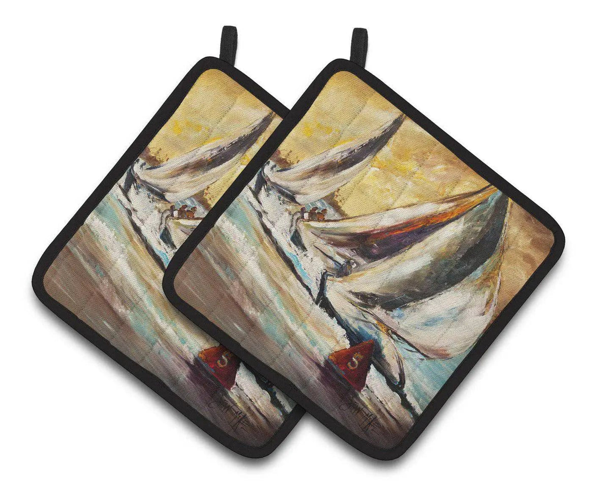 Pot Holder Set of 2 | Heat Resistant Quilted Hot Pads | 7.5 x 7.5 Inch | Boat Race Sailboats