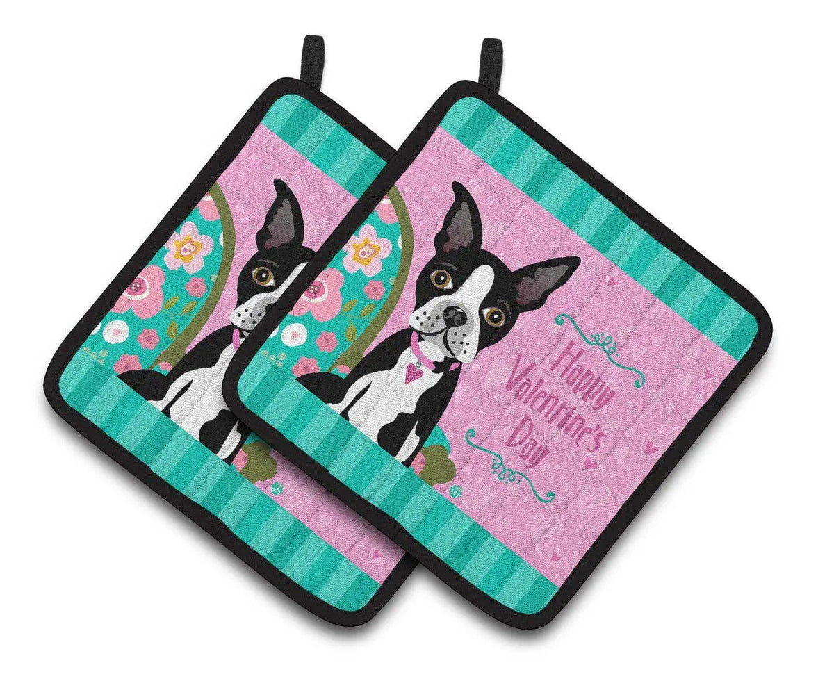 Pot Holder Set of 2 | Heat Resistant Quilted Hot Pads | 7.5 x 7.5 Inch | Happy Valentine's Day Boston Terrier