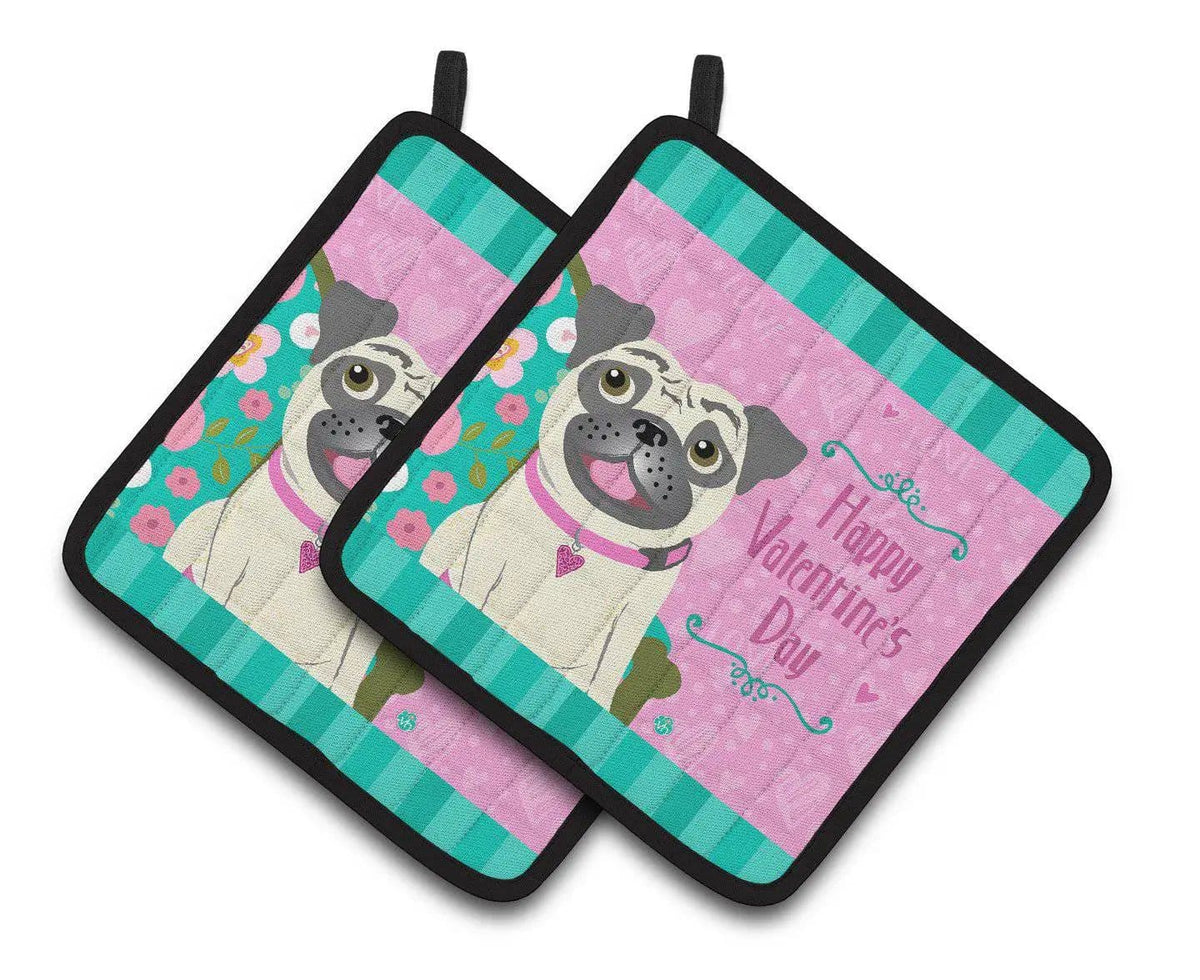 Pot Holder Set of 2 | Heat Resistant Quilted Hot Pads | 7.5 x 7.5 Inch | Happy Valentine's Day Pug