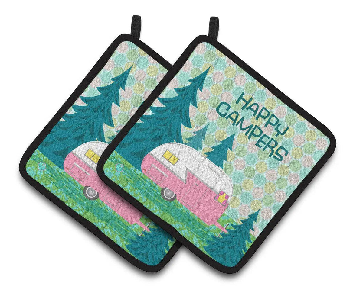 Pot Holder Set of 2 | Heat Resistant Quilted Hot Pads | 7.5 x 7.5 Inch | Happy Campers Glamping Trailer