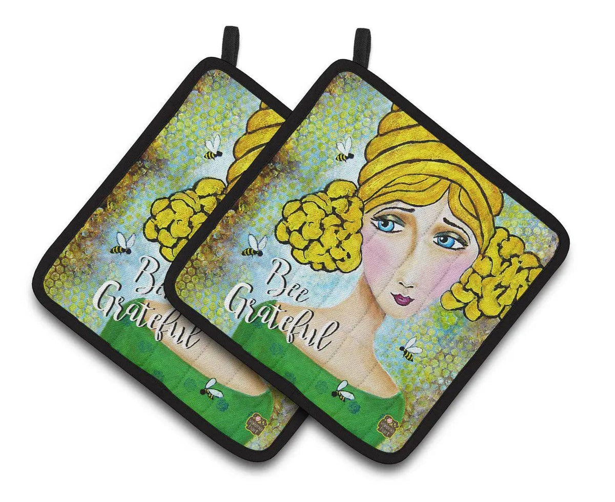 Pot Holder Set of 2 | Heat Resistant Quilted Hot Pads | 7.5 x 7.5 Inch | Bee Grateful Girl with Beehive