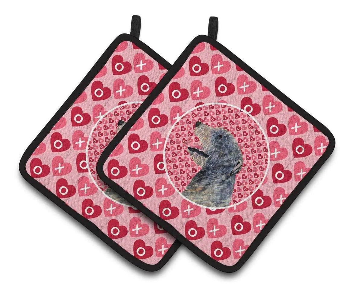 Pot Holder Set of 2 | Heat Resistant Quilted Hot Pads | 7.5 x 7.5 Inch | Irish Wolfhound Hearts Love and Valentine's Day Portrait
