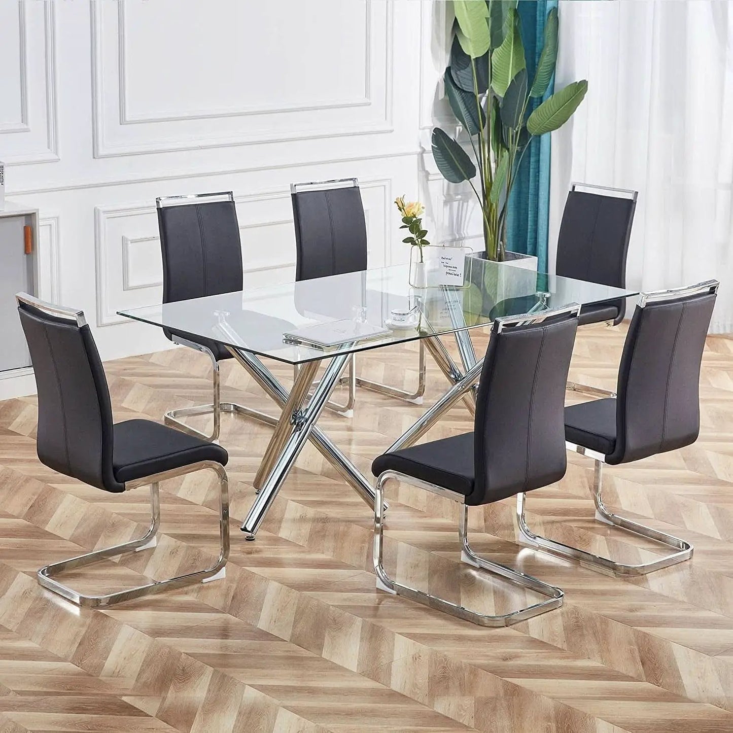 Black Modern High Back Faux Leather Dining Chairs Set Of 4 from PriceLows™