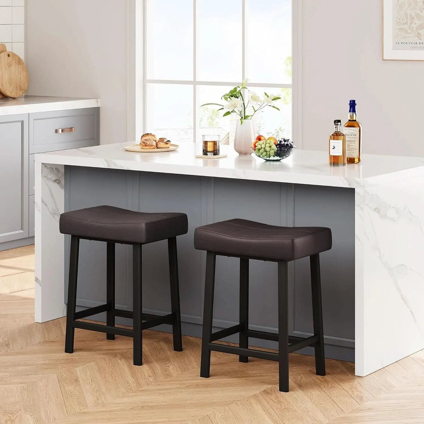 24 Inch Backless Saddle Bar Stools Two Pack, Counter Height Upholstered Padded Seats With Curved Surface, Brown from PriceLows™