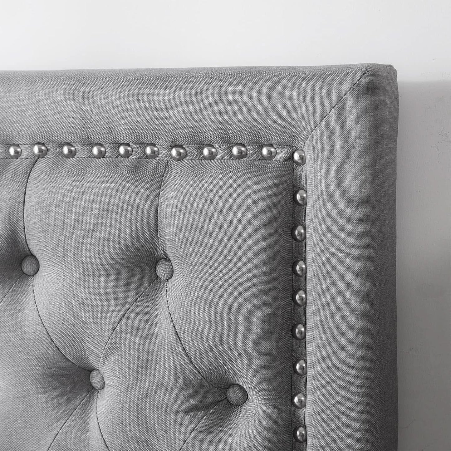 Tufted Linen Gray Dorm Headboard with Nailhead Trim from PriceLows™