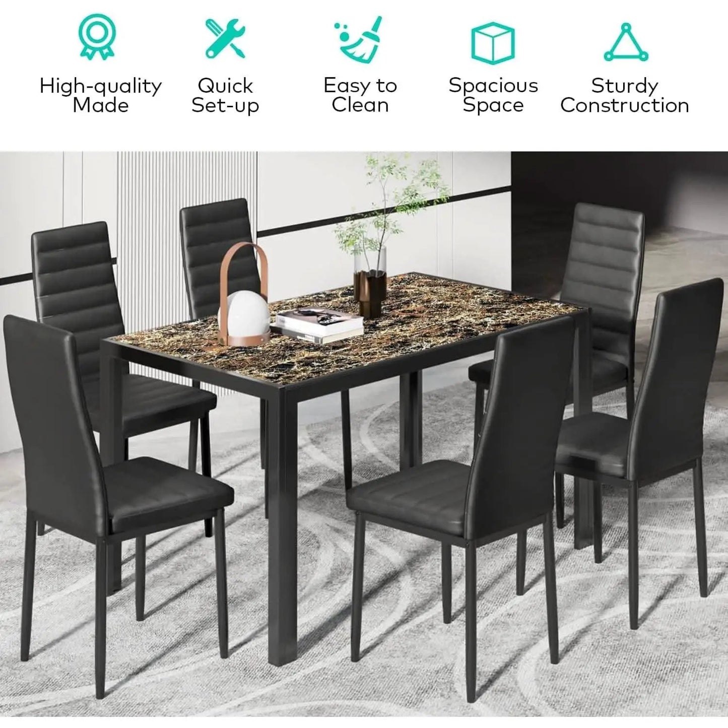Glass Dining Table Set For 6 With PU Leather Chairs 7 Piece from PriceLows™