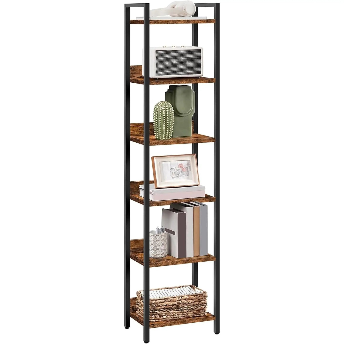 Six Tier Standing Bookcase In Rustic Brown And Black For Small Spaces from PriceLows™