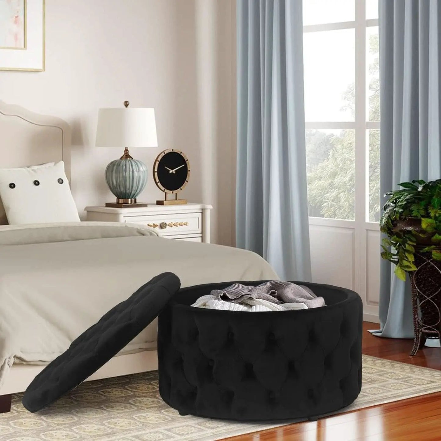 Twenty EightInch Velvety Round Storage Ottoman Black Tufted from PriceLows™