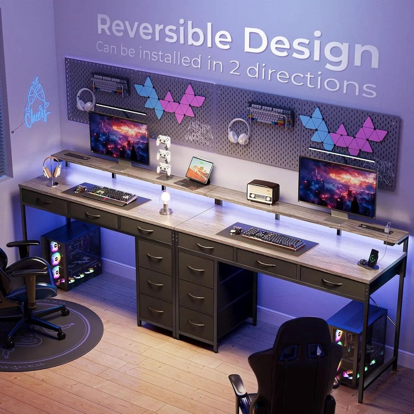 47 Inch Grey Gaming Desk With LED Lights And Drawers from PriceLows™
