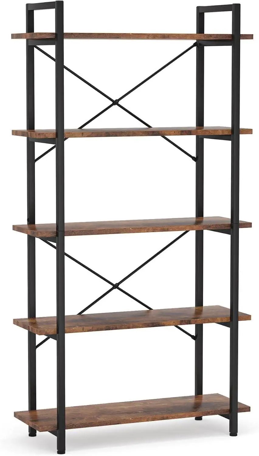 Industrial Rustic 5 Tier Etagere Bookshelf With Metal Frame from PriceLows™