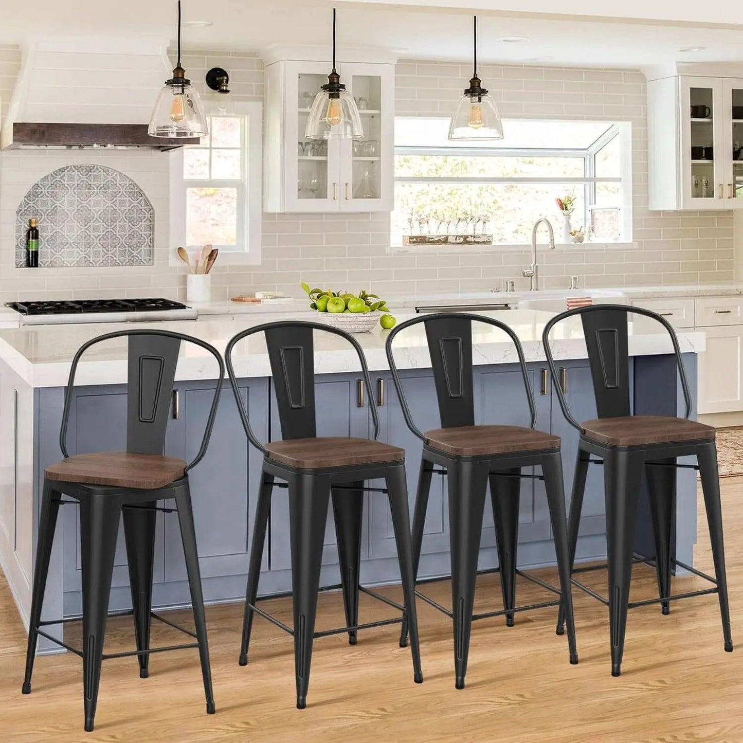 26 Inch Swivel Bar Stools Set Of 4 With Large Wooden Seat Matte Black High Back Design from PriceLows™