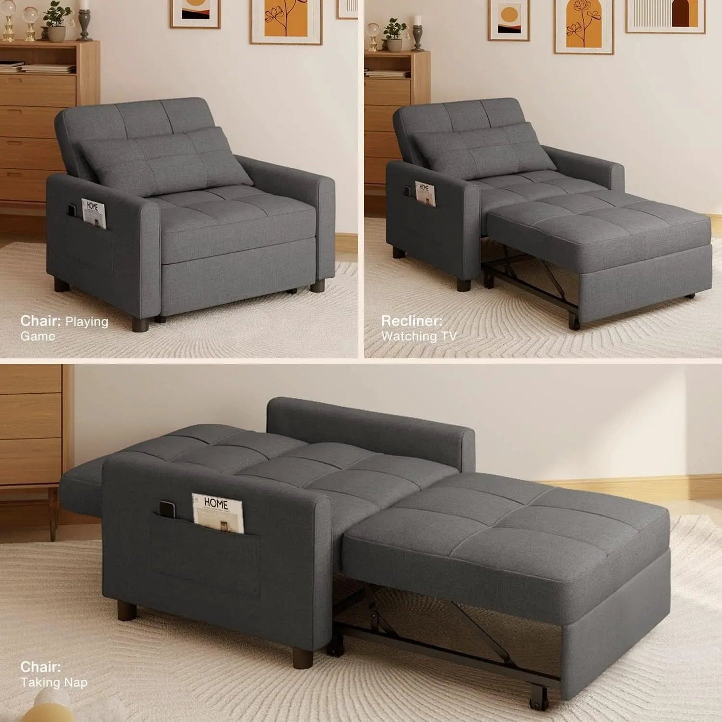 Dark Gray Sleeper Chair Bed Three In One Convertible Modern Linen Fabric Sofa from PriceLows™