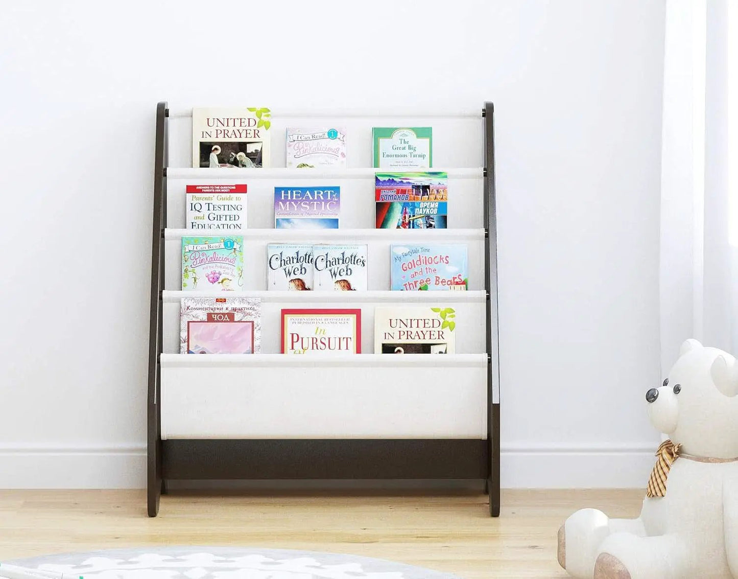 Kids Sling Bookshelf Espresso With Magazine Rack Organizer For Kids Room from PriceLows™