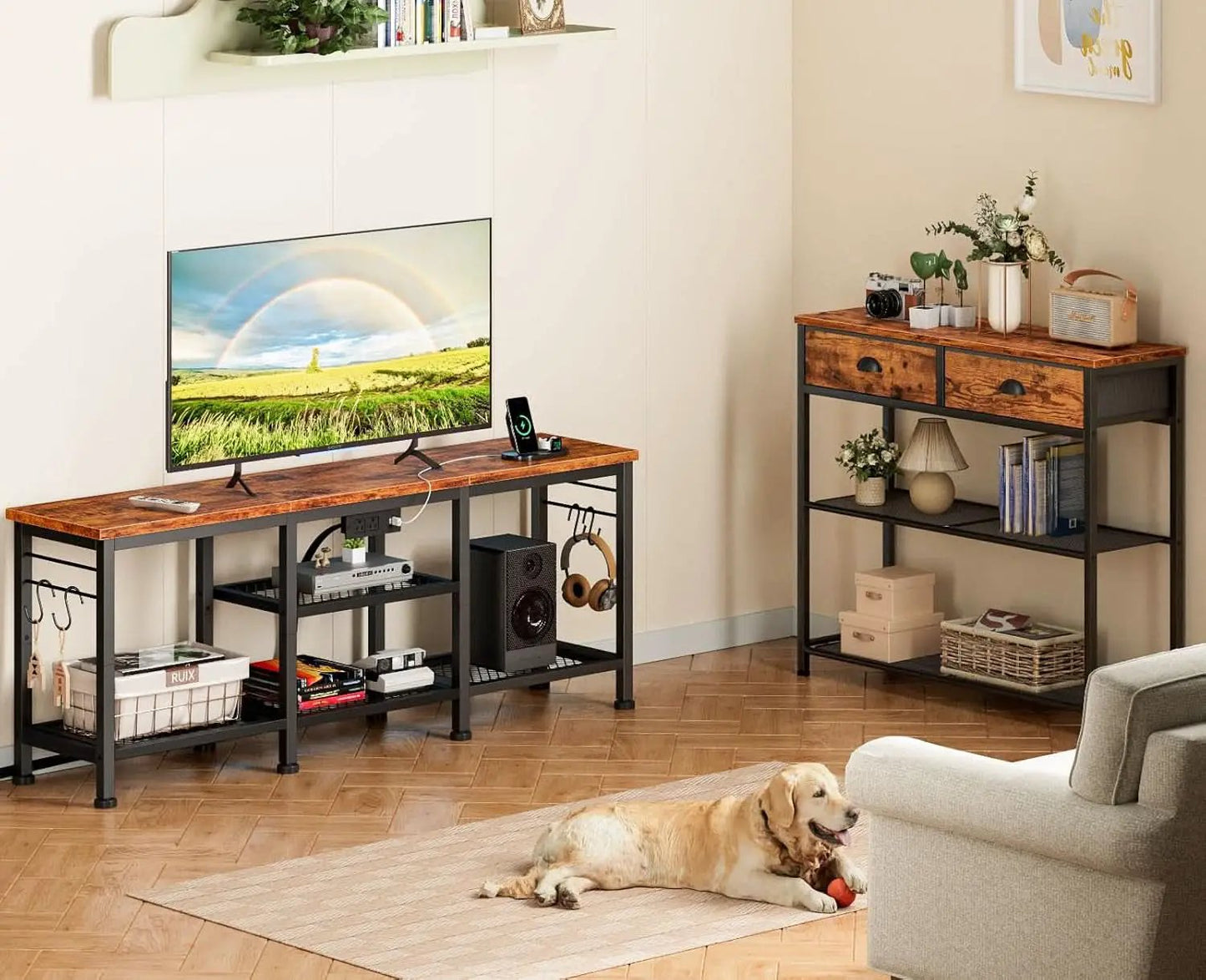 Rustic Brown TV Stand With Power Outlets For 55 Inch TVs from PriceLows™