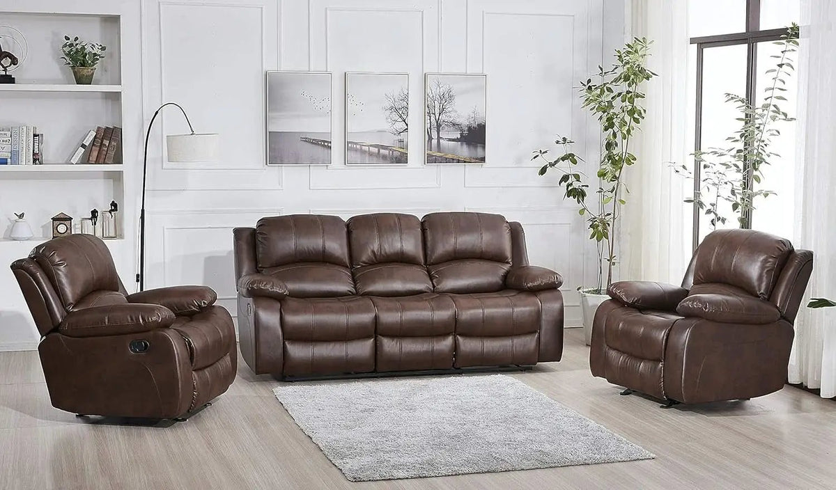 3 Piece Bonded Leather Reclining Sofa Set In Brown from PriceLows™