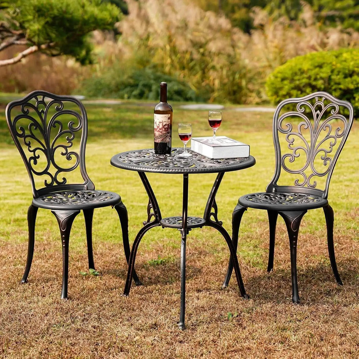 3 Piece Cast Aluminum Outdoor Patio Bistro Set With Umbrella Hole In Brown All Weather Durable from PriceLows™