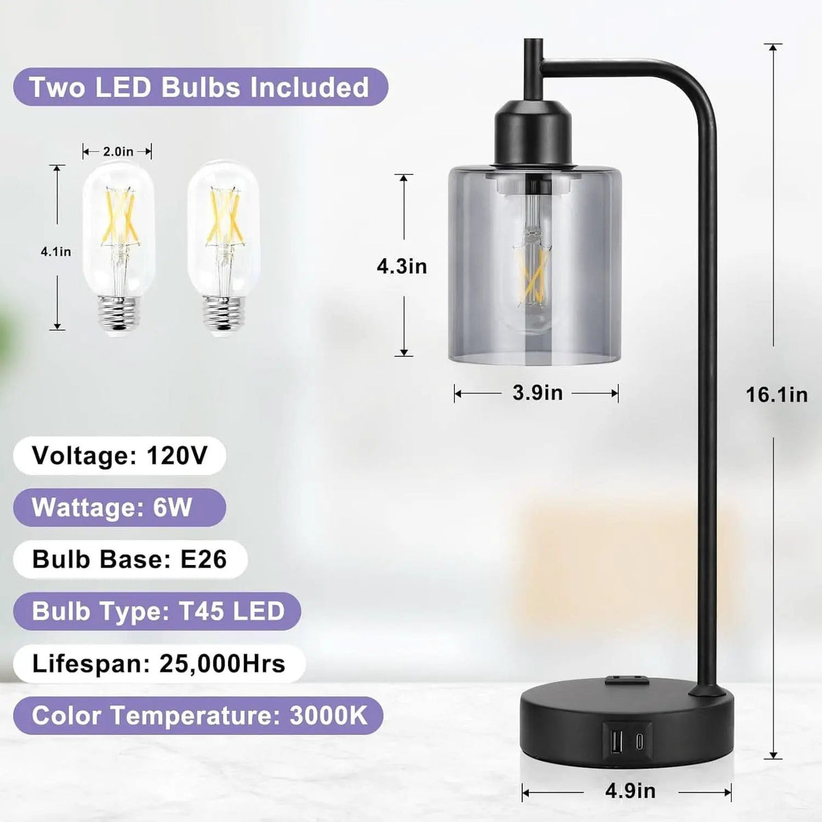 3-Way Dimmable USB Table Lamps With Gray Glass Shade Pair from PriceLows™