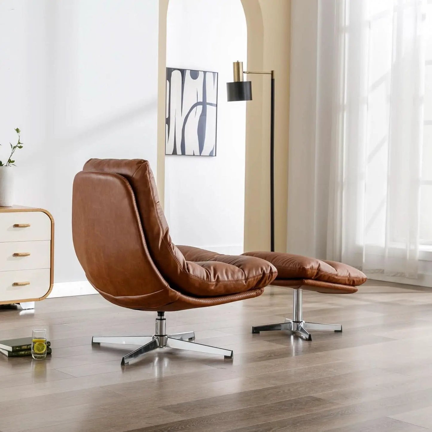 Brown Upholstered Faux Leather Swivel Chair Ottoman from PriceLows™