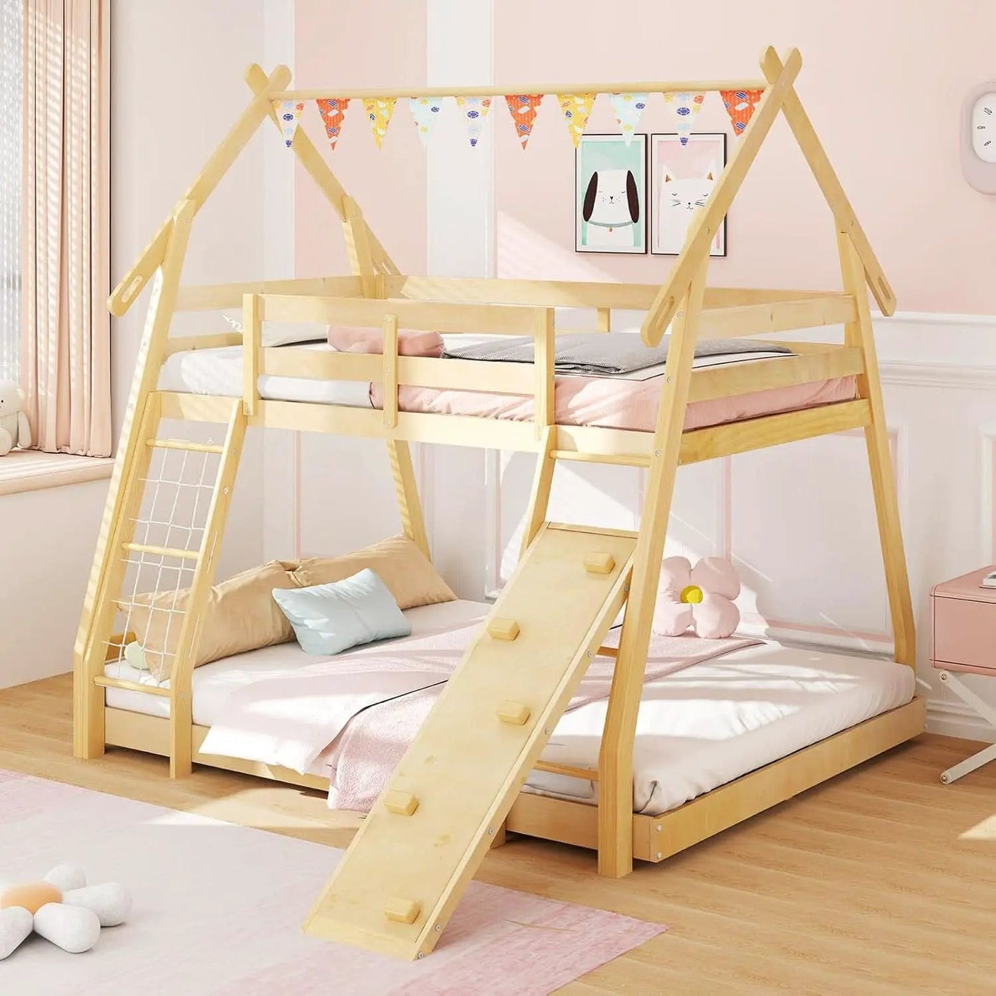 Twin Over Queen Bunk Bed With Climbing Nets Ramp Natural from PriceLows™