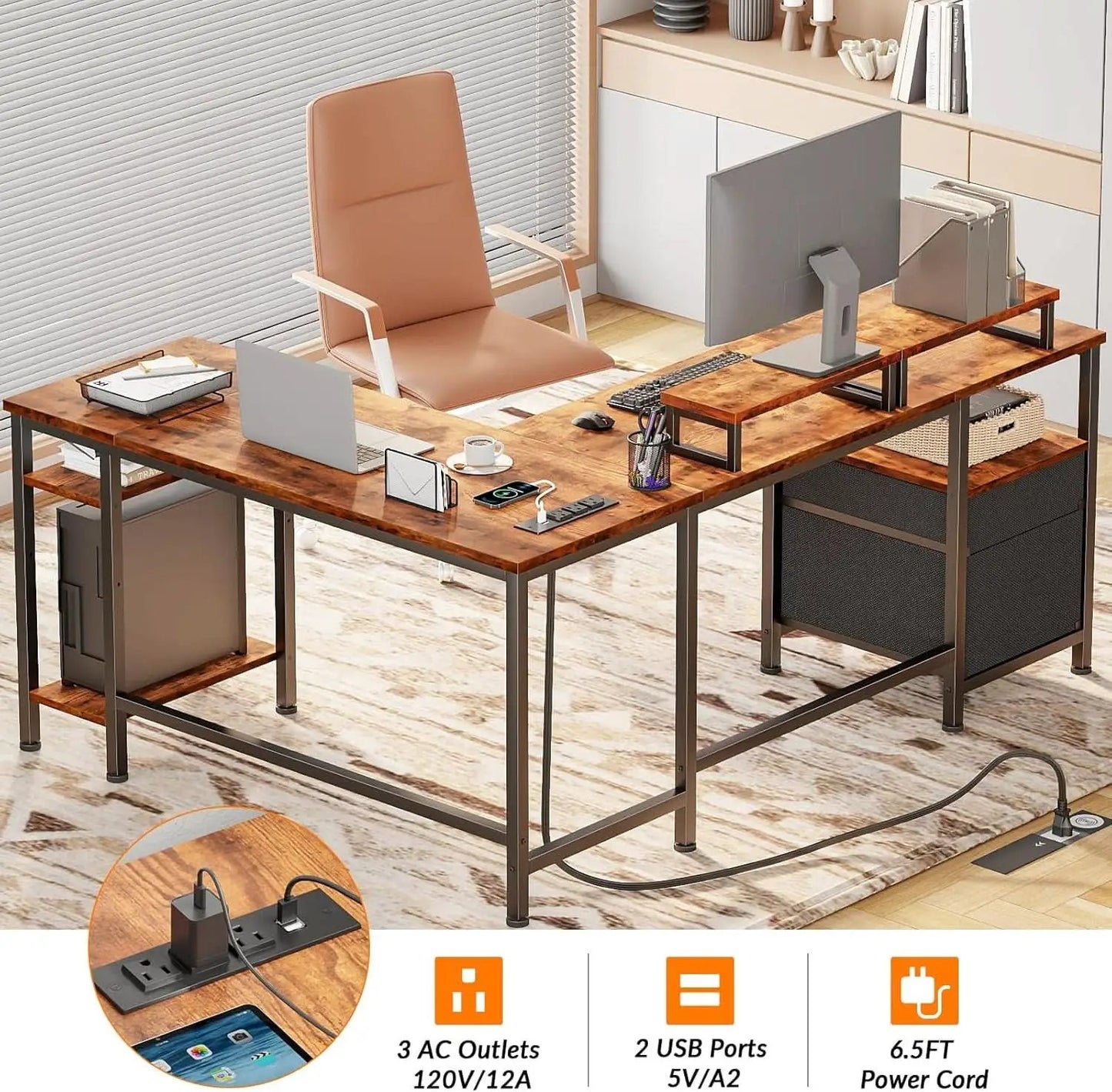Fifty Nine Inch L Shaped Desk With Power Outlet And Storage Shelves from PriceLows™