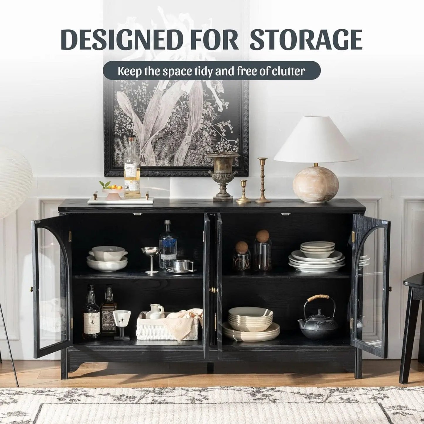 55 Inch Solid Wood Buffet Cabinet Farmhouse Sideboard Black from PriceLows™