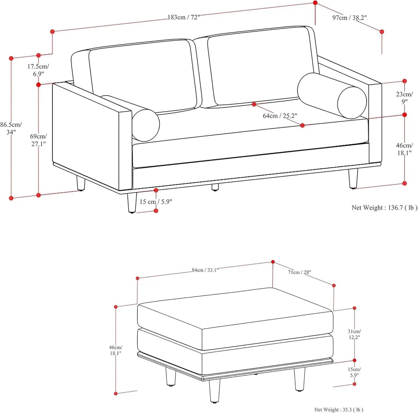 Morrison 72 Inch Mid Century Modern Sofa Set Mist Grey from PriceLows™