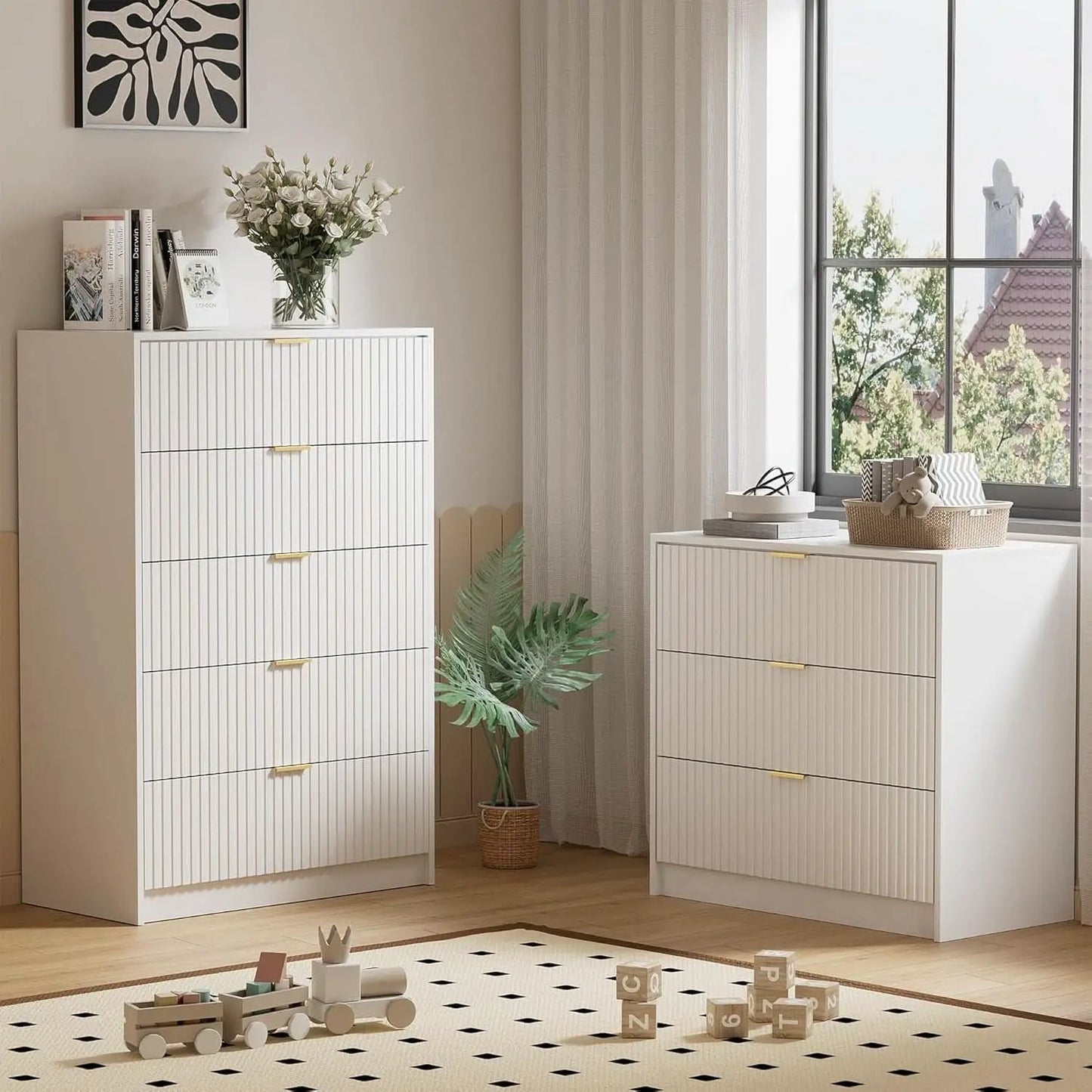 White Contemporary Dresser With Three Drawers And Fluted Panels from PriceLows™