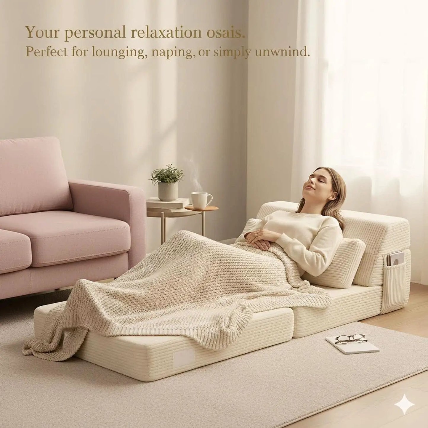 Beige Upholstered Folding Sofa Bed Convertible Floor from PriceLows™