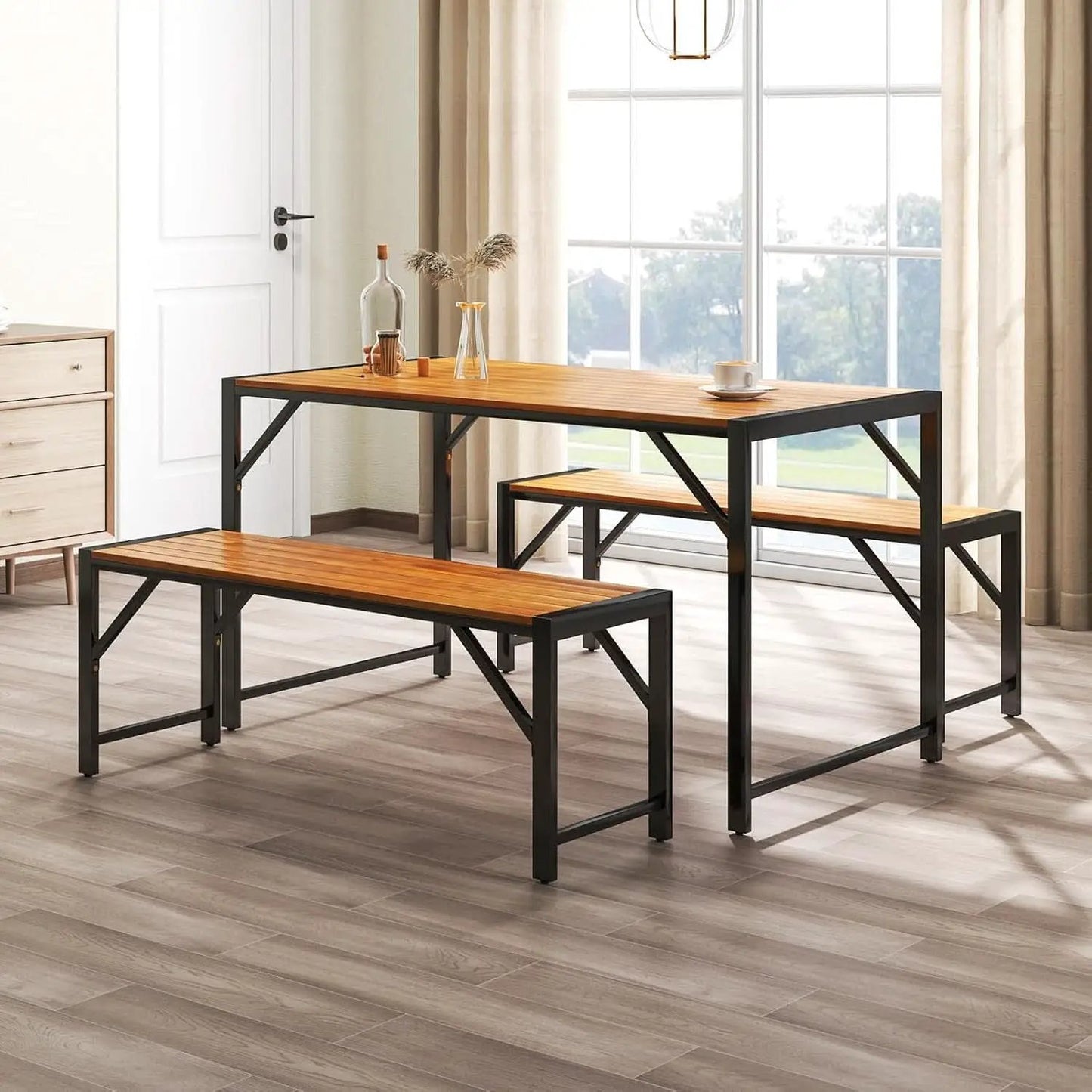 3 Piece Patio Dining Set For Six With 53 Inch Acacia Wood Table And Space Saving Benches from PriceLows™