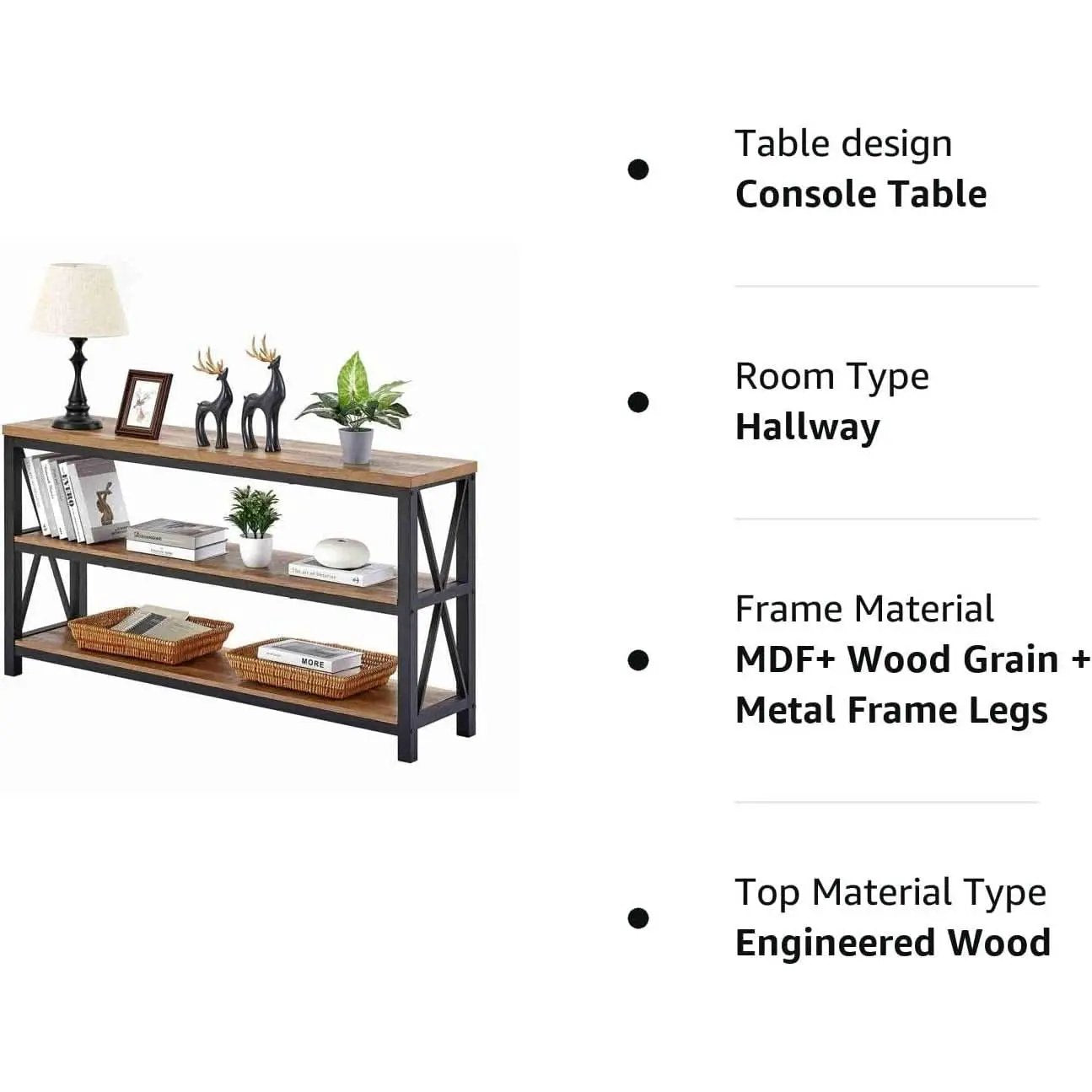 Rustic Wood Console Table With Three Shelves Metal Frame from PriceLows™