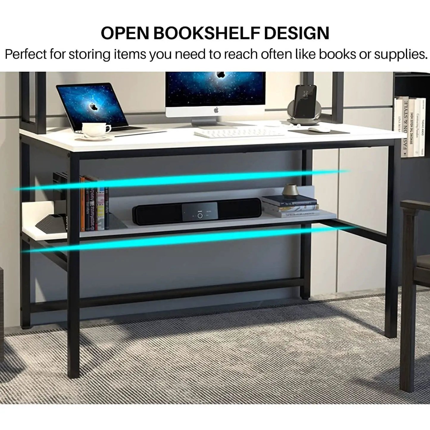 55 Inch Desk With Hutch And Bookshelf Open Shelves from PriceLows™