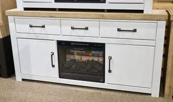 Savonport XL TV Stand With Fireplace Option | 72.83 x 16.02 x 36.93 in | Engineered Wood & Mdf | White / Brown