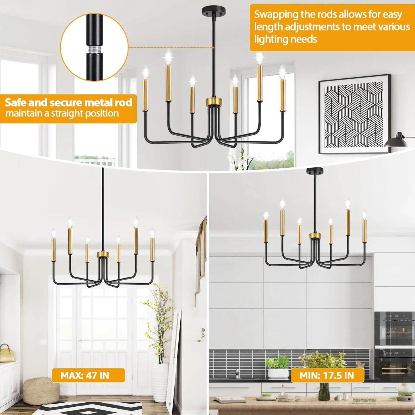 Black And Gold Six Light Farmhouse Chandelier For Dining Room from PriceLows™