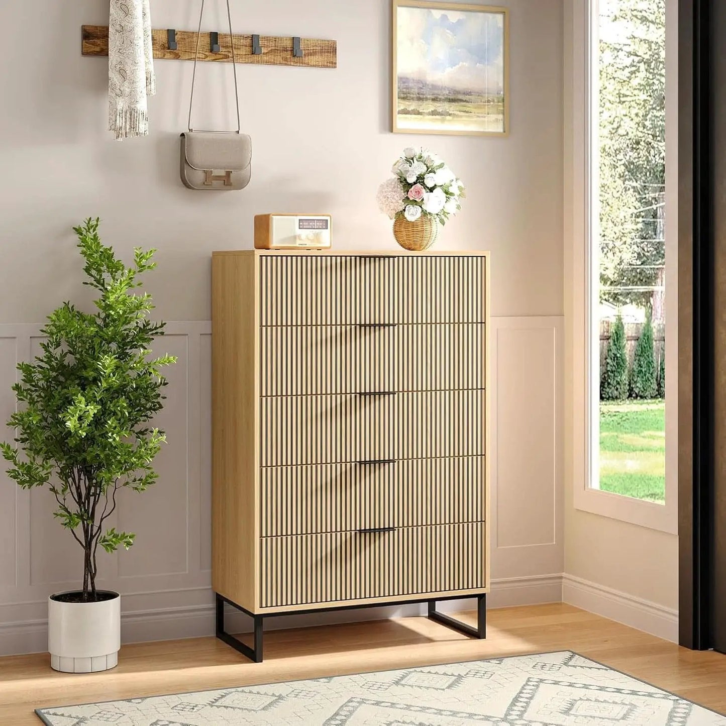 49.2 Inch Tall Five Drawer MatteNaturalFinish Dresser from PriceLows™