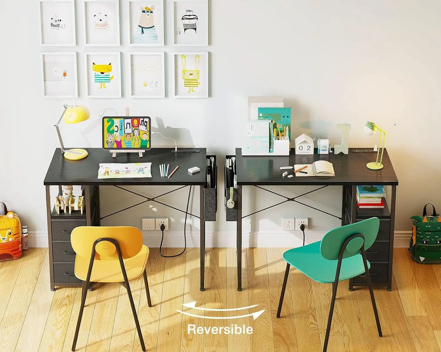 32-Inch Computer Desk With Fabric Drawers And Charging Station Black from PriceLows™