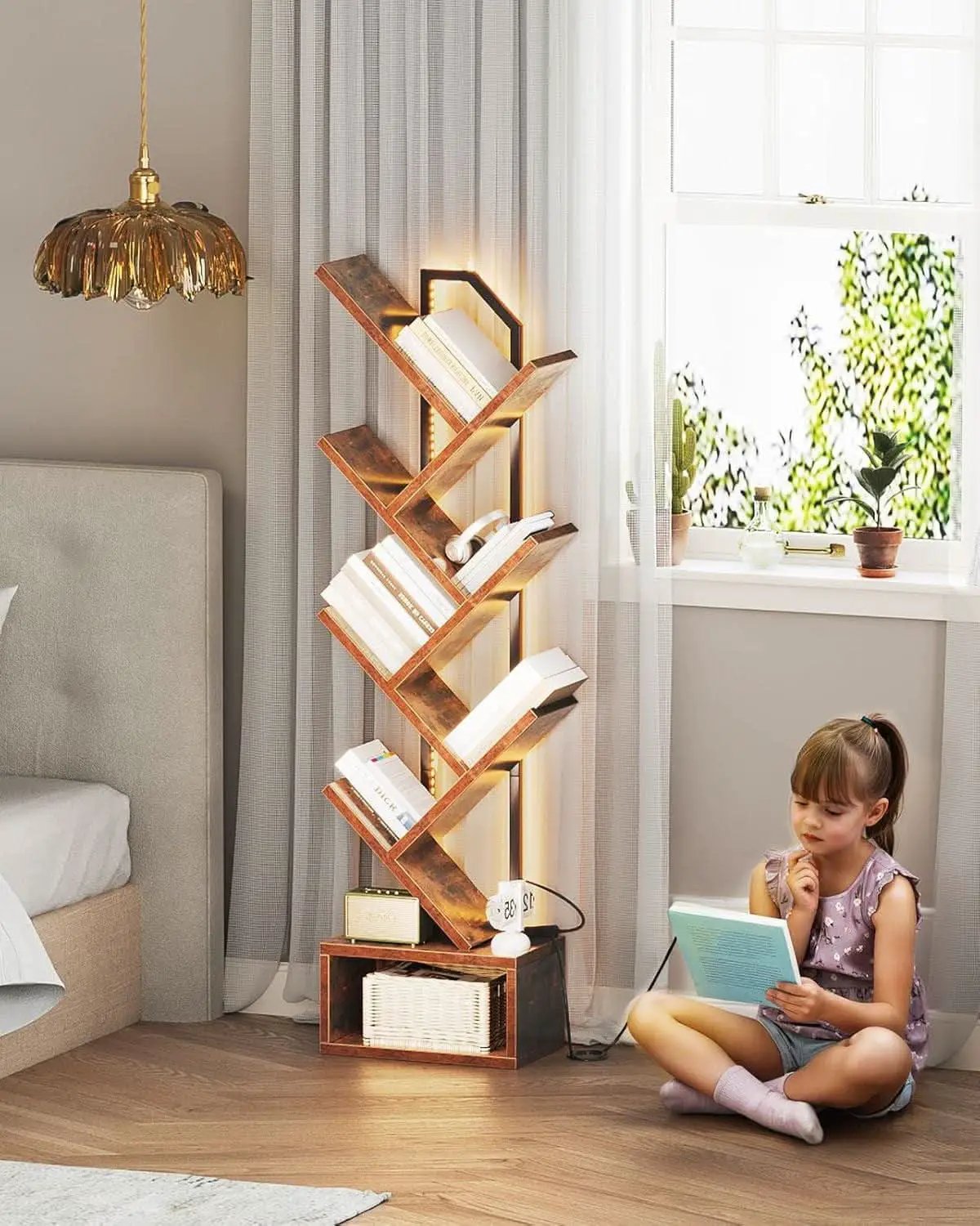 Six Tier Tree Bookshelf With LED Lights Narrow Floorstanding from PriceLows™
