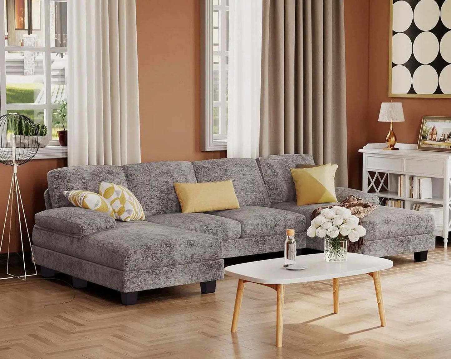 Grey Linen U Shaped Sectional Sofa Couch 4 Seat With Double Chaise from PriceLows™