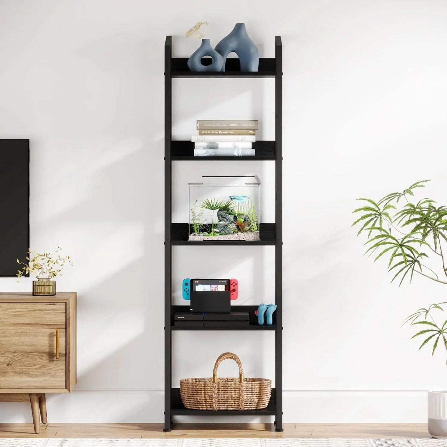 5 Tier Narrow Bookshelf With Edge Protection Bookcase from PriceLows™