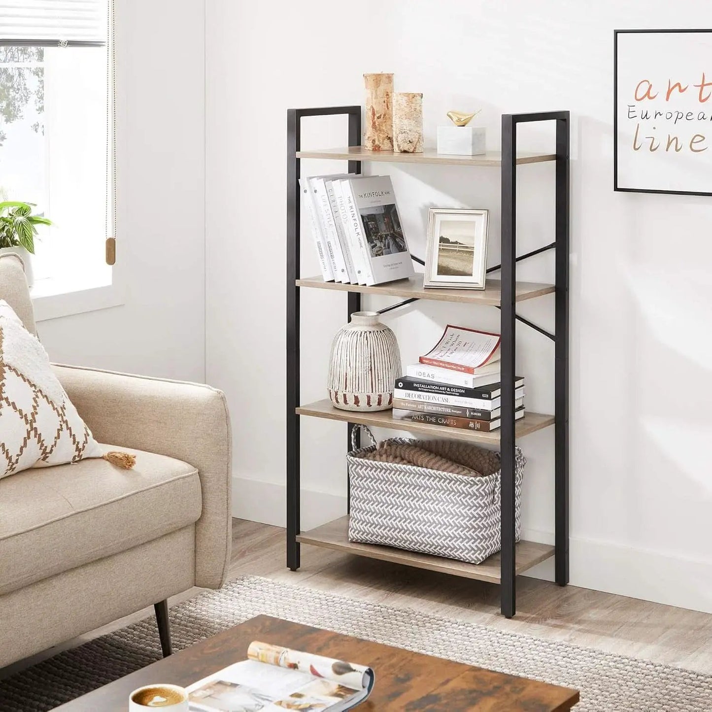 Four Tier Tall Bookshelf With Steel Frame Greige Black from PriceLows™