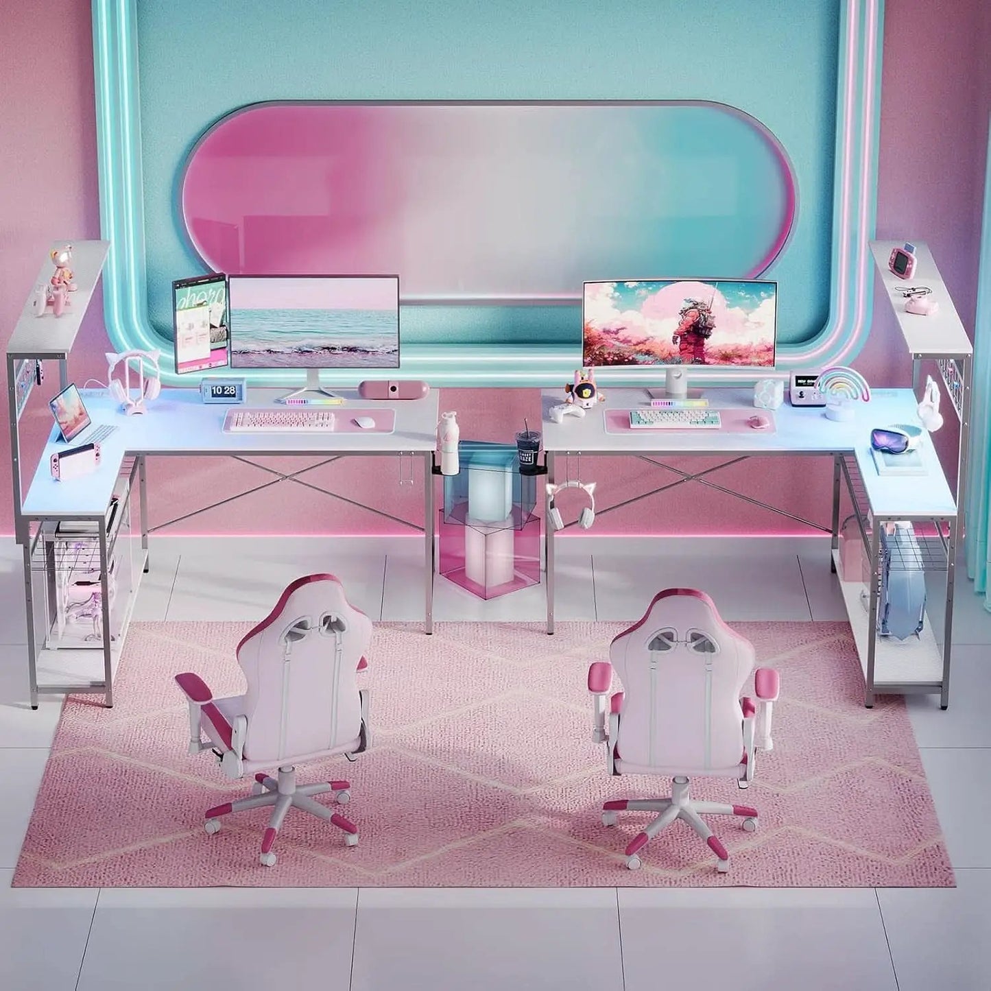 51 Inch L Shaped Gaming Desk With LED Lights And Outlets from PriceLows™