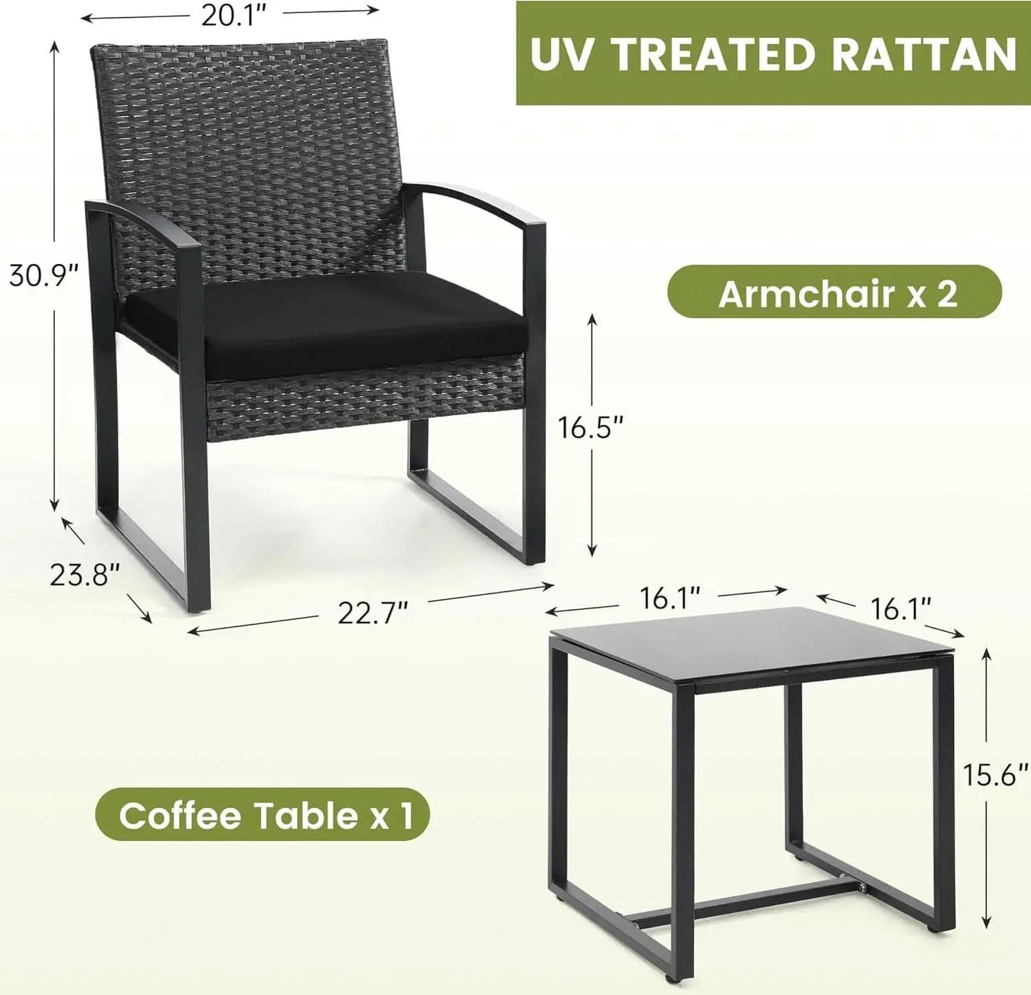 Three Piece Wicker Patio Bistro Set With Coffee Table Black Frame For Balcony Porch And Garden Outdoor from PriceLows™