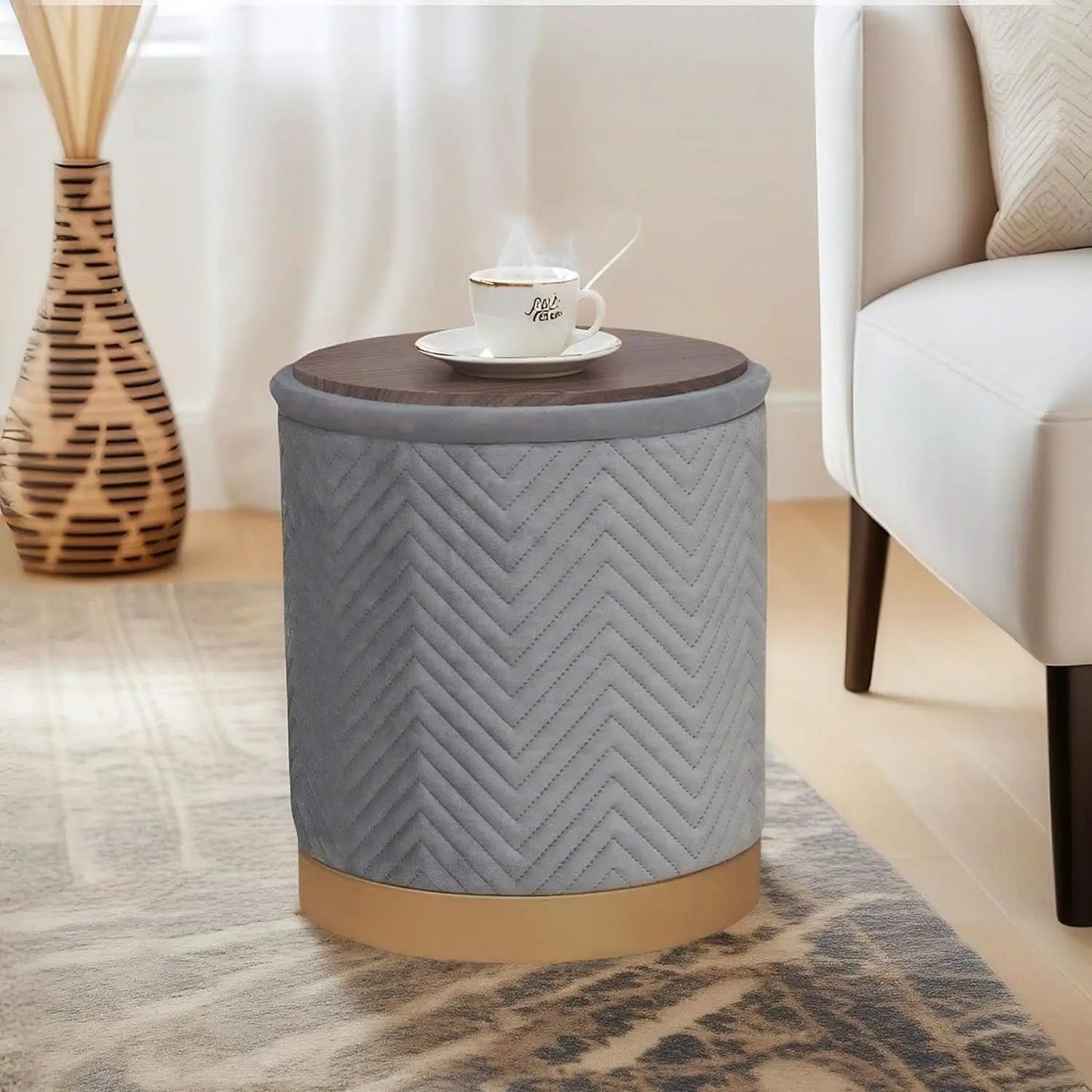 Grey Velvet Circular Storage Ottoman Golden Accents from PriceLows™