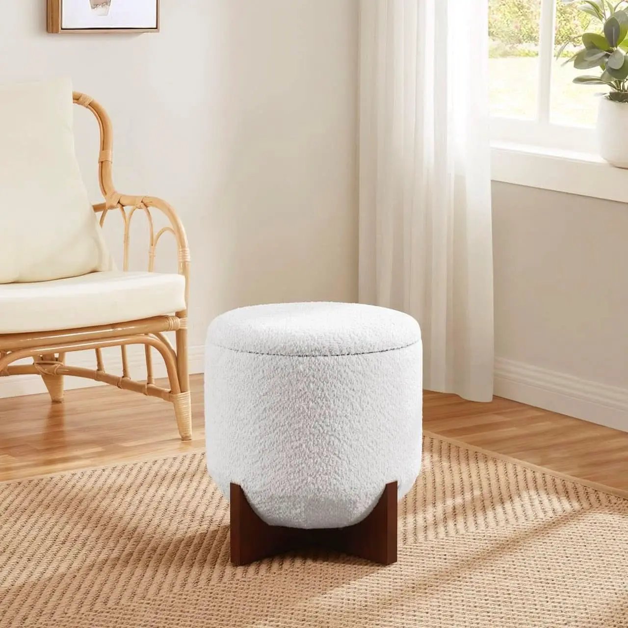 White Elegant Round Ottoman With Concealed Storage from PriceLows™