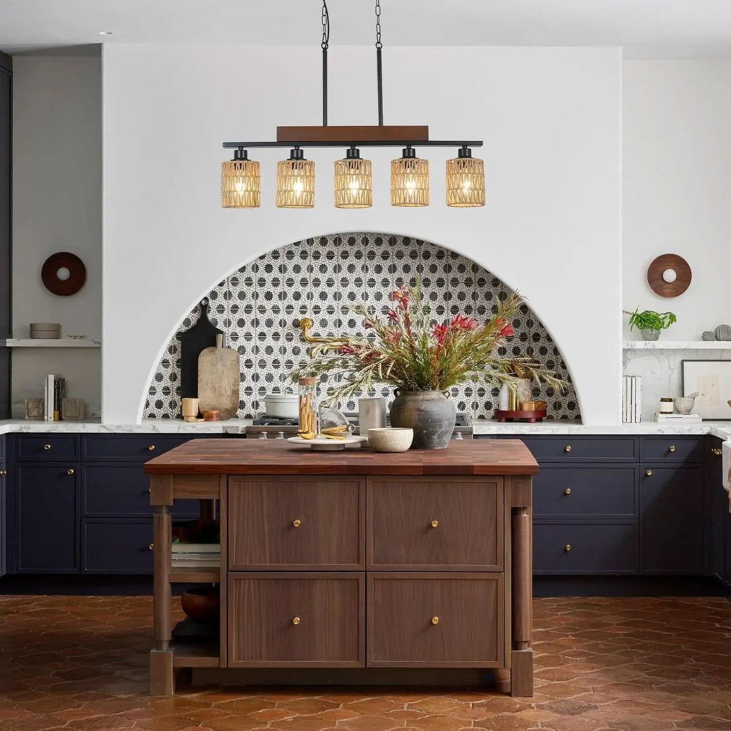 Rattan Farmhouse 5 Light Linear Chandelier Black Lighting from PriceLows™