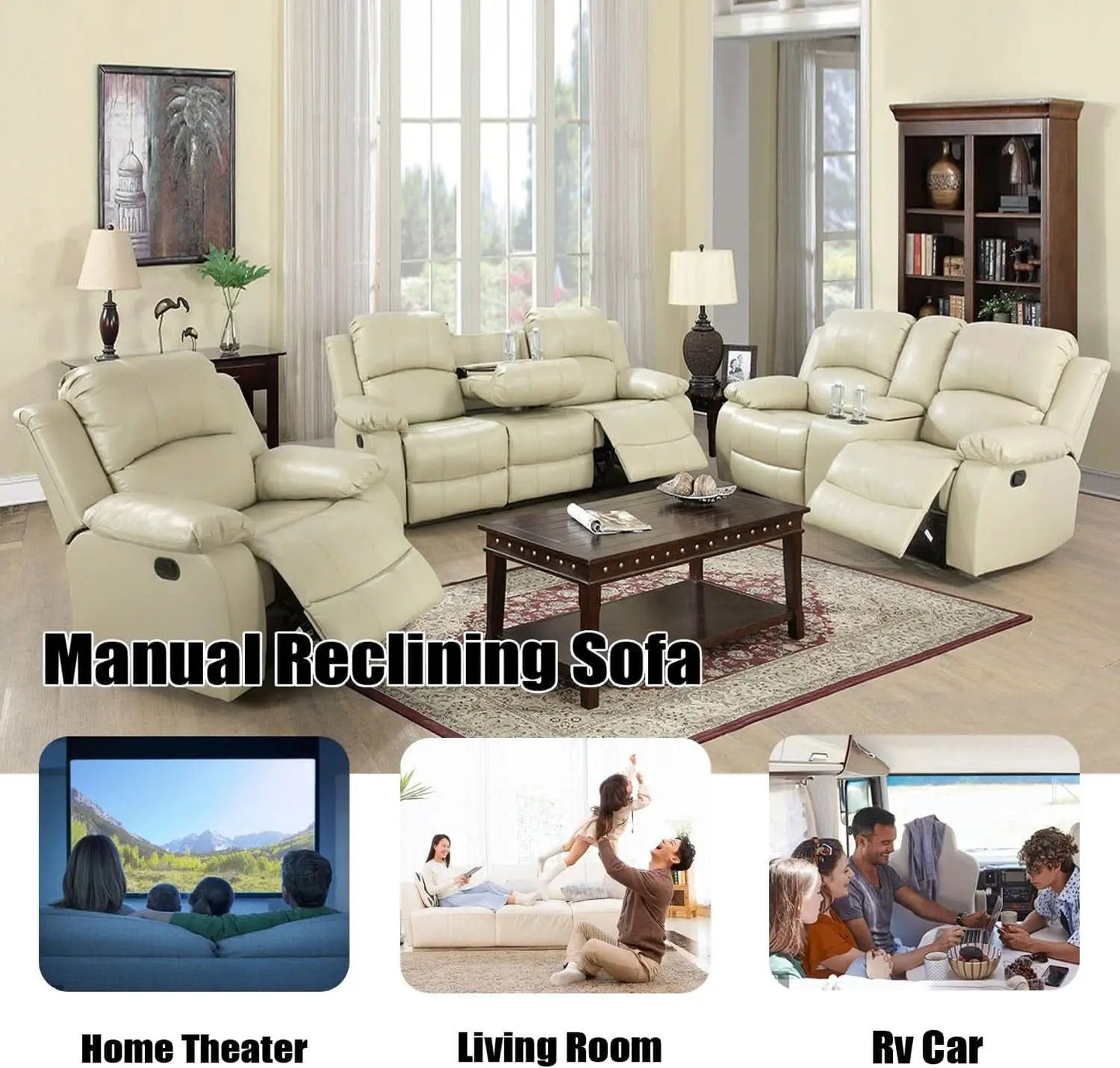 Beige Faux Leather Reclining Sofa Set With Storage Console from PriceLows™