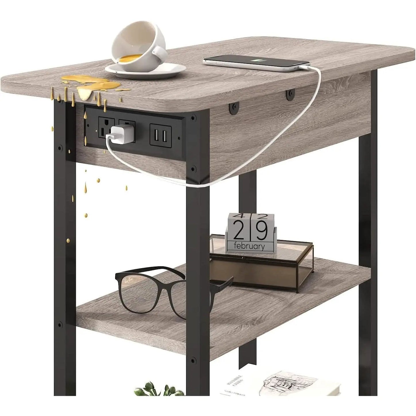 End Table With Vertical Charging Station And USB Outlets Greige from PriceLows™