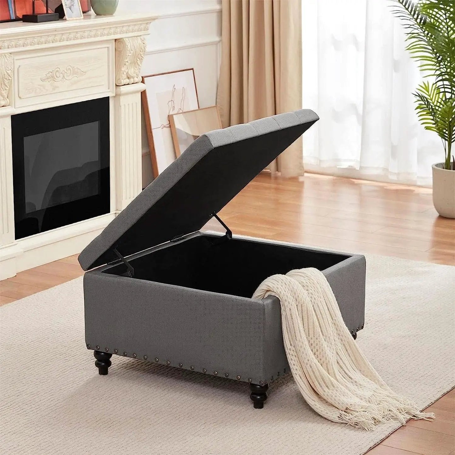 Grey Tufted Storage Ottoman Square For Living Room from PriceLows™