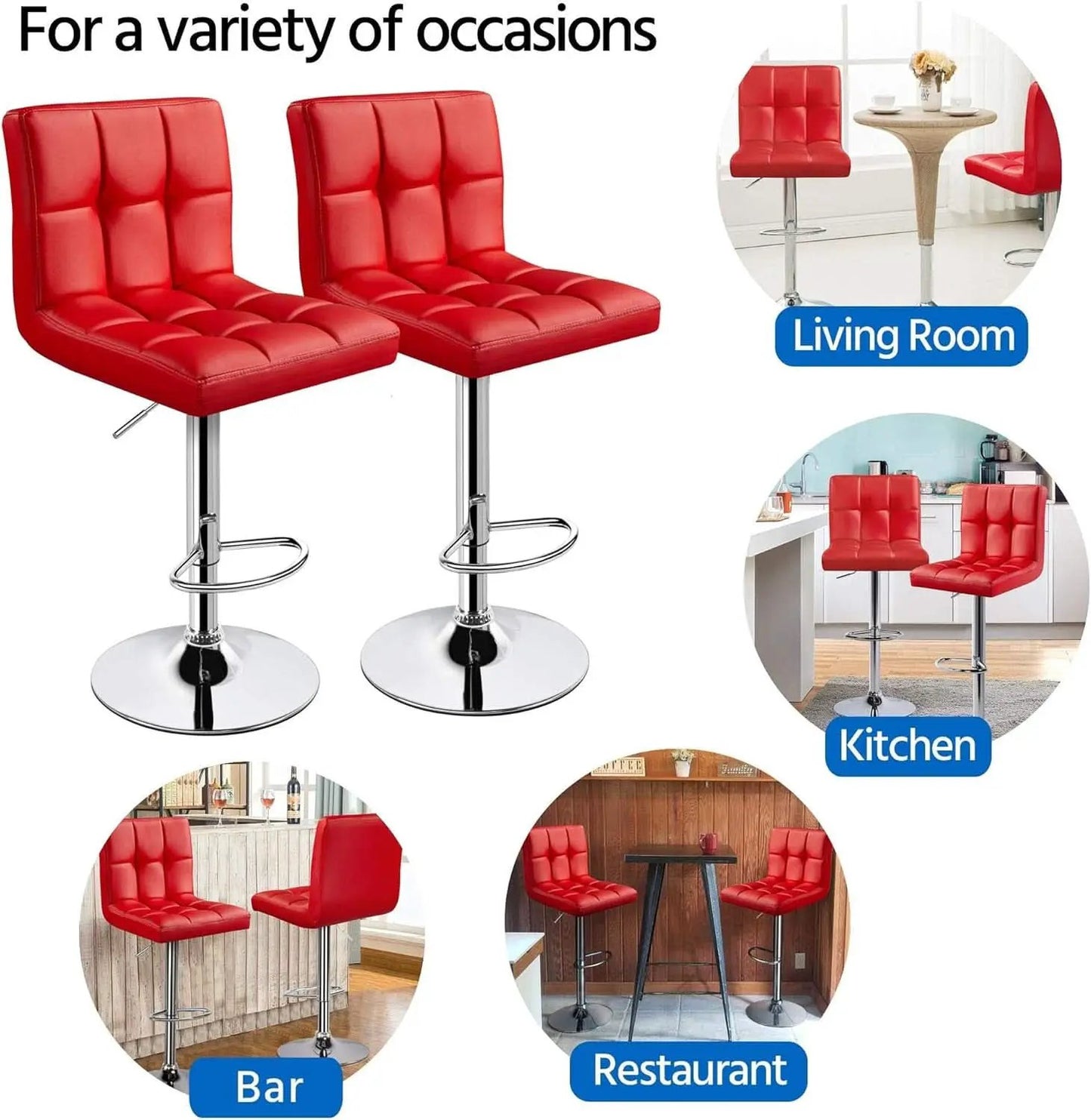 Red Adjustable PU Leather Swivel Bar Stools Set Of 2 from PriceLows™