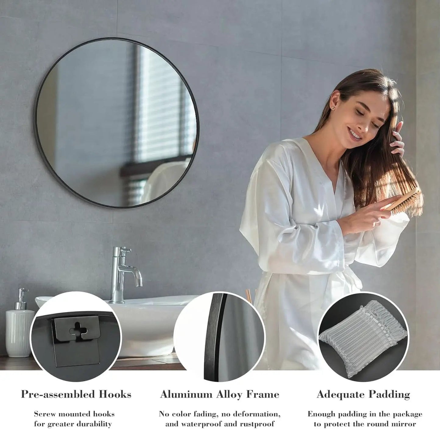 Black Round Wall Mirror 24 Inch Shatterproof Glass Bathroom from PriceLows™